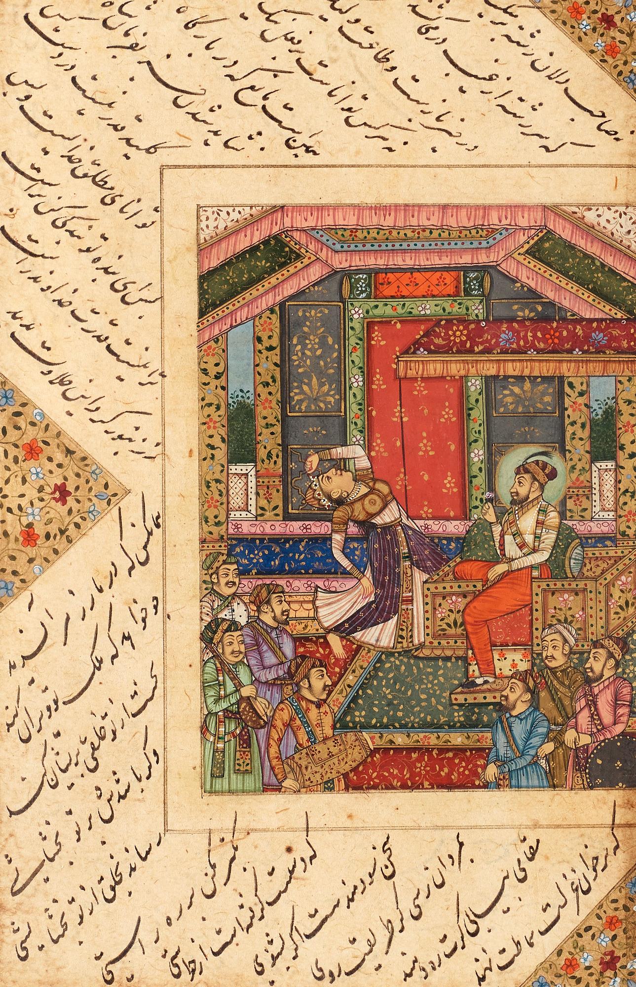 ALBUMBLAD, två stycken, bläck och färg på papper med förgyllda detaljer. Indien, 1700-tal.