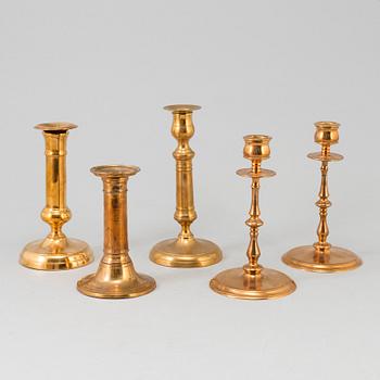 FIVE BRASS CANDLESTICKS, 19th/20th century.