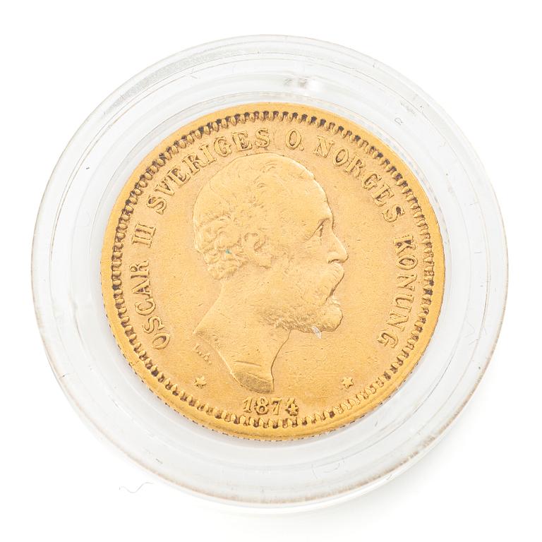 Guldmynt, Sverige, Oskar II, 10 kronor, 1874.