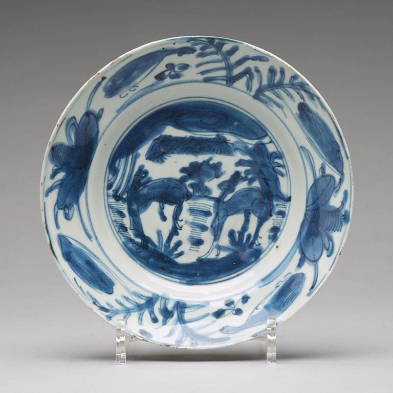 Three odd blue and white dishes Ming dynasty, Wanli (1572-1620).