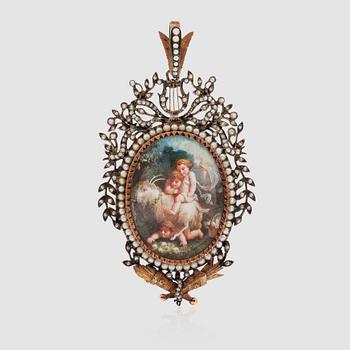 1447. A painted miniature and pearl pendant/medallion.