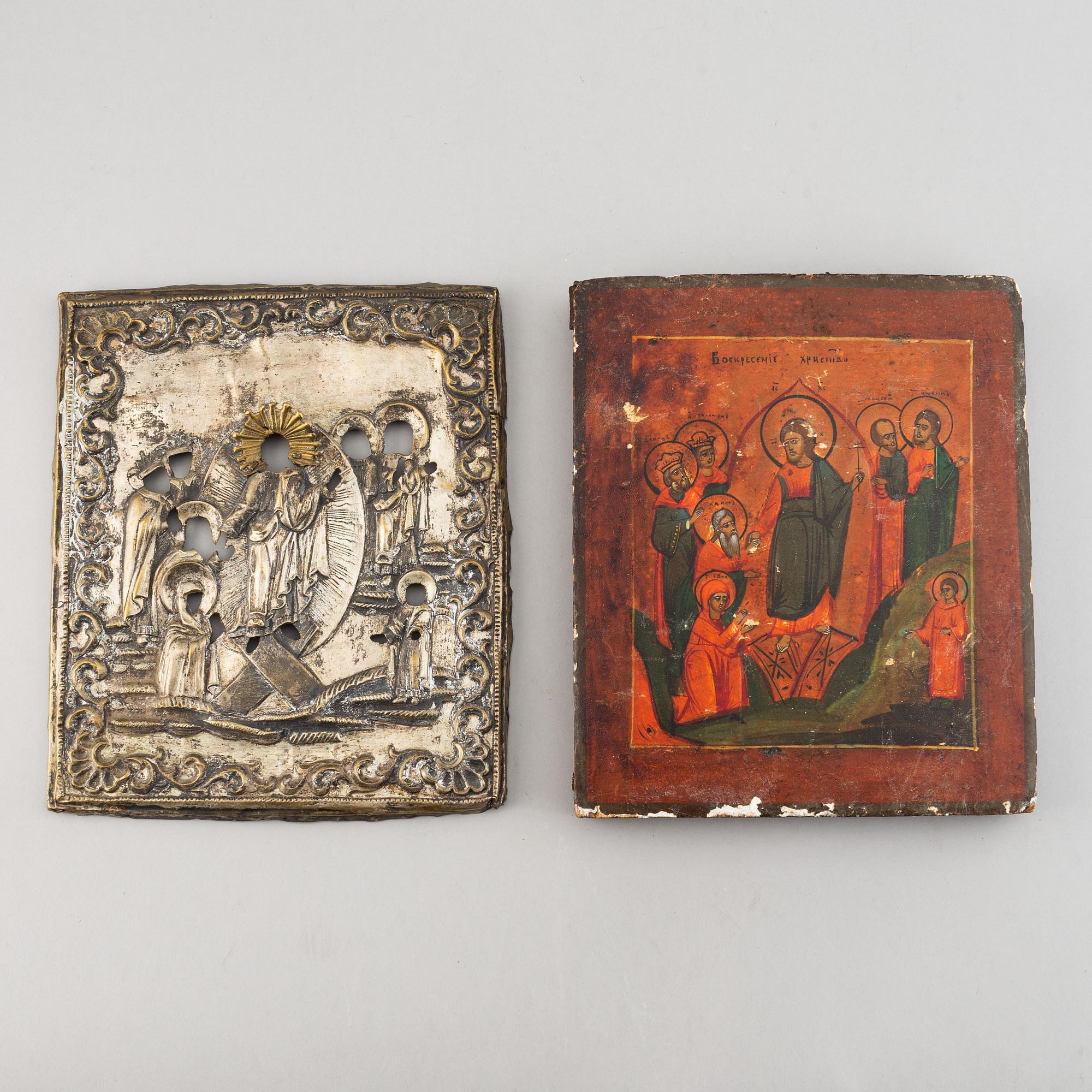 A russian icon with ochlad, rempera on panel, 19th Century.