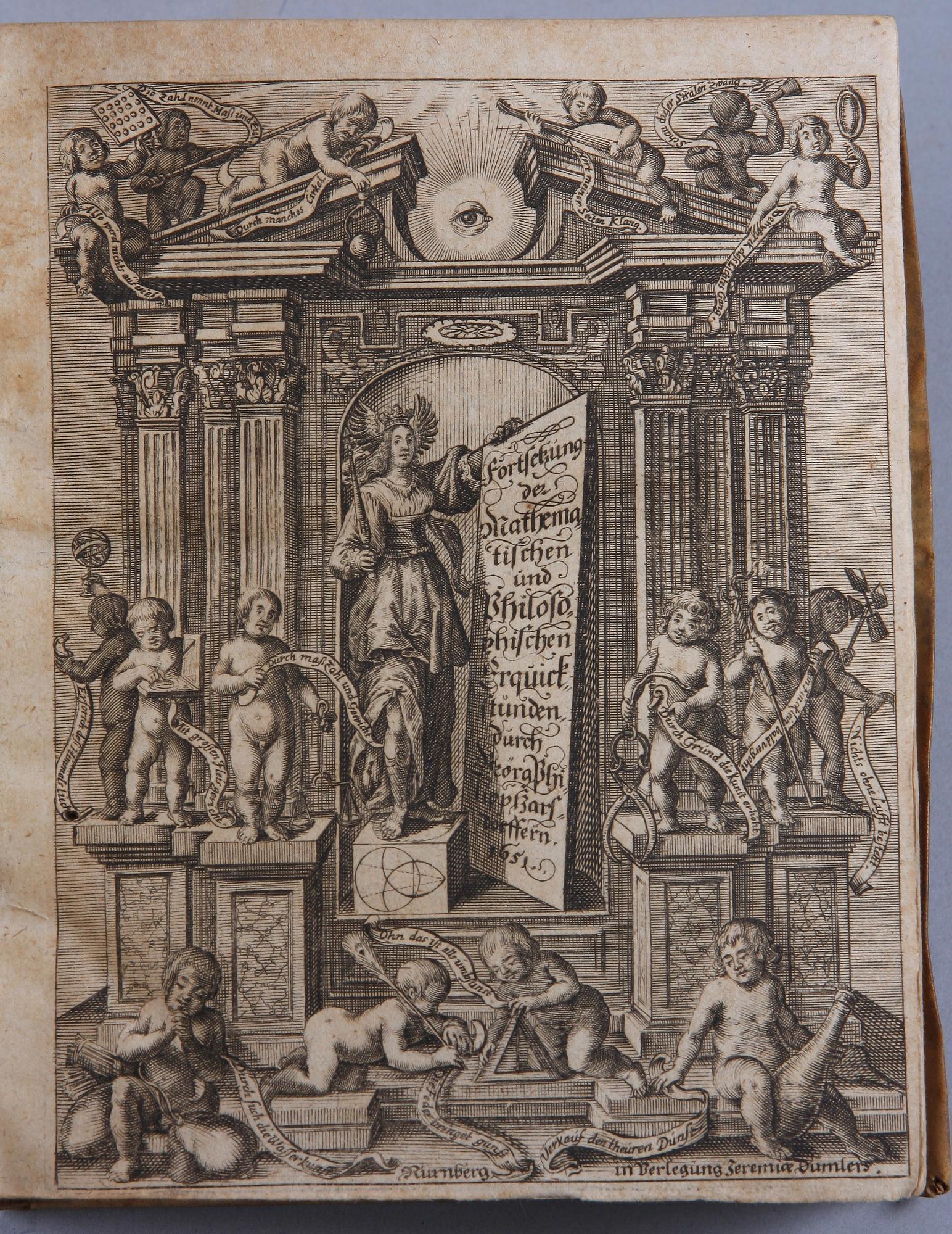 BÖCKER, 3 st, mattematik, bla "Matematischen und Plilosophischen..." del II, av Georg Philip Harsdörffern, Nürnberg 1651.