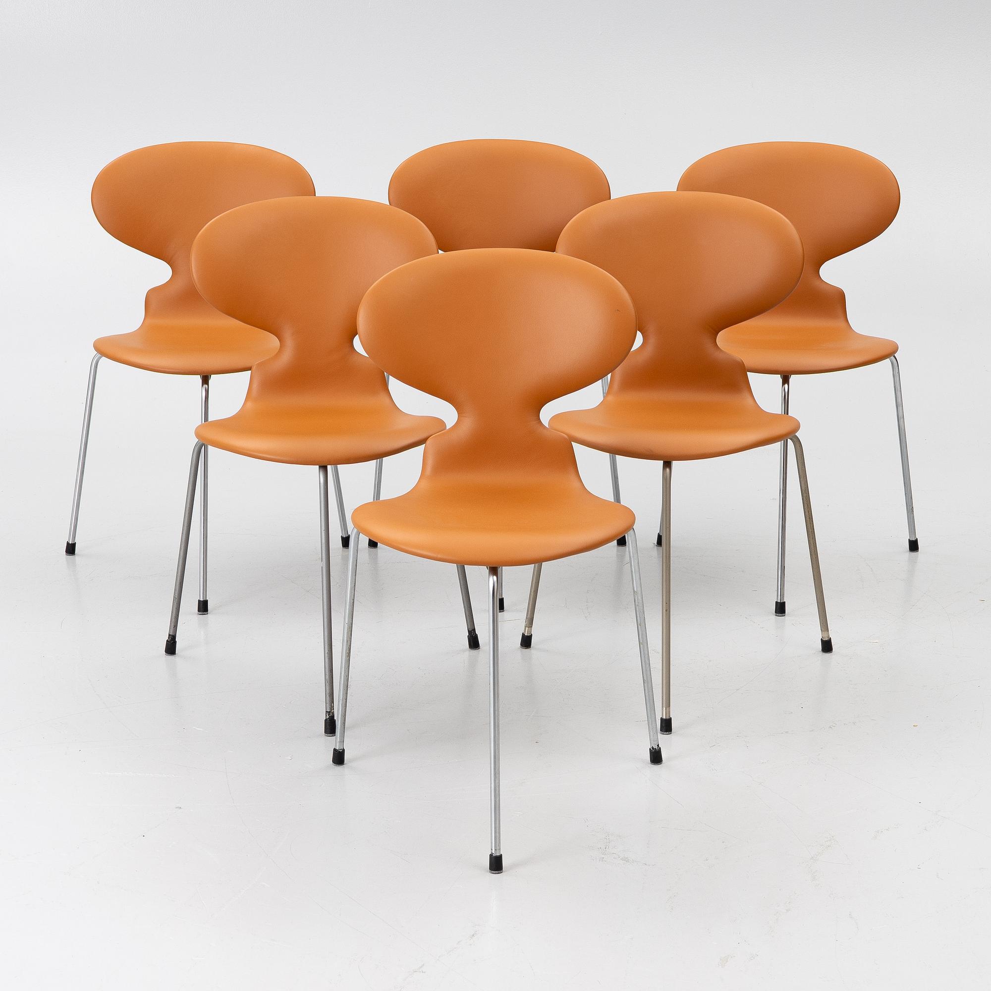 Arne Jacobsen, Stolar, 6 st, "Myran", Fritz Hansen, 1950/60-tal.