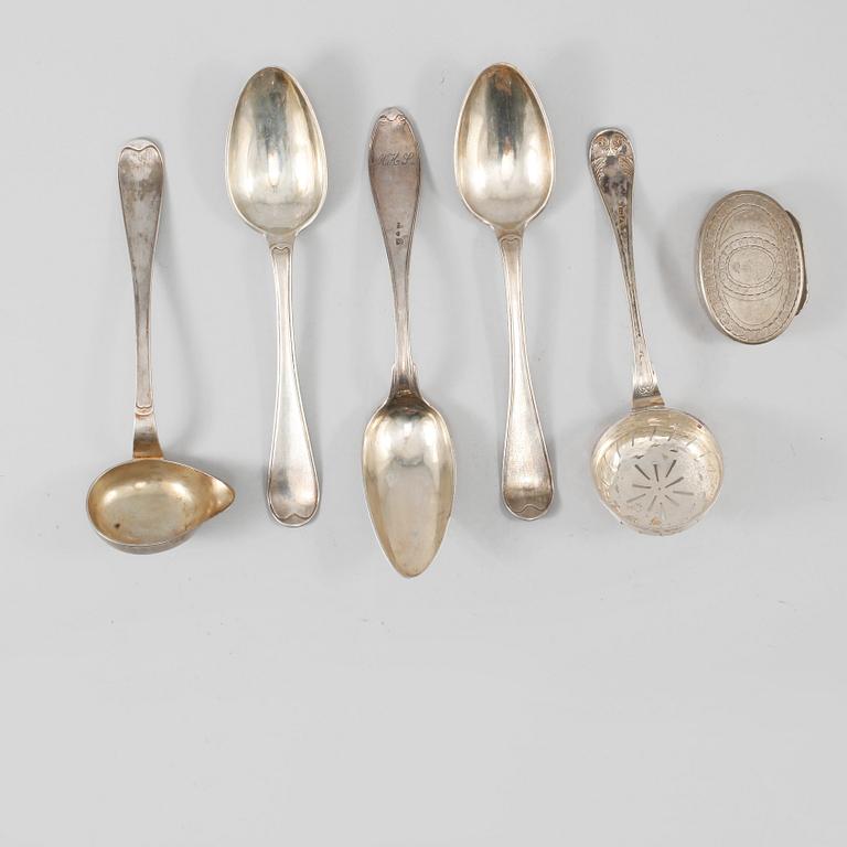 PARTI SILVER, 6 delar, Sverige, 1700/1800-tal, vikt 370 gram.