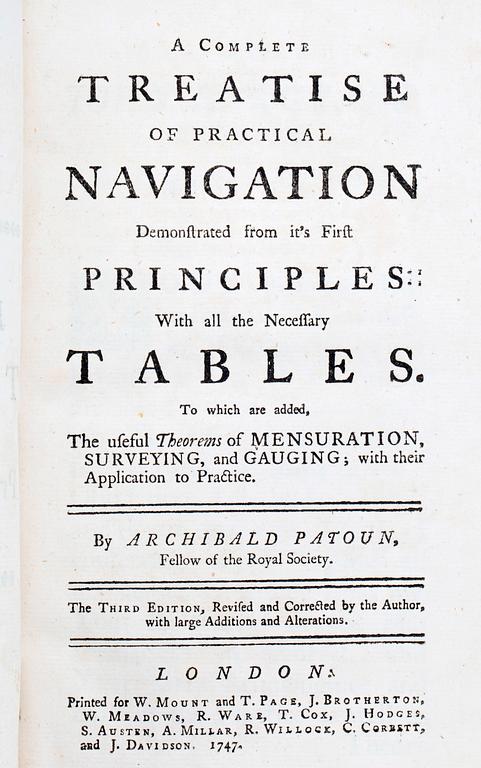 BOK, "A complete treatise of practical navigation...", av Archibald Patoun, London 1747.