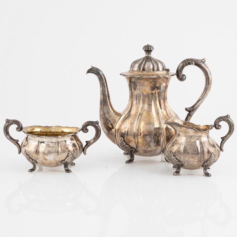 Kaffeservis, 3 delar, silver, möjligtvis Norge, med svenska importstämplar 1900-talets mitt.