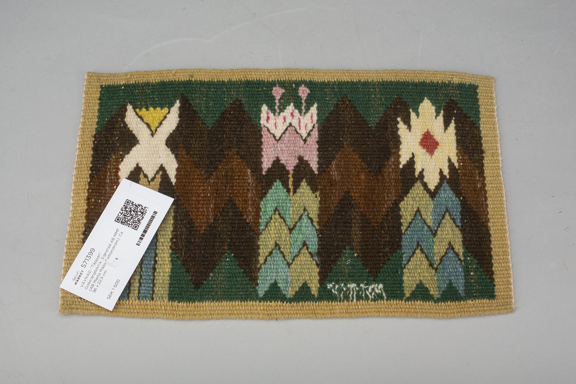 VÄVNAD. "Täppan". Gobelängteknik. Signerad AB MMF (AB Märta Måås-Fjetterström). Ca 36 x 22,5 cm.