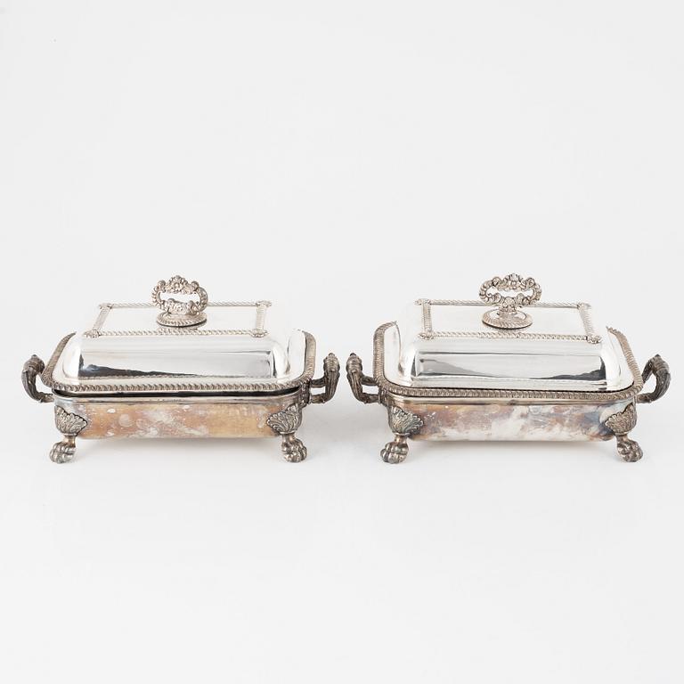 A pair of silver plated tureens, England, circa 1900.