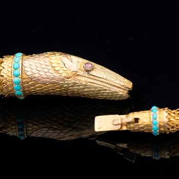HALSSMYCKE, 18K guld, turkoser, granater. 1800-talets mitt.