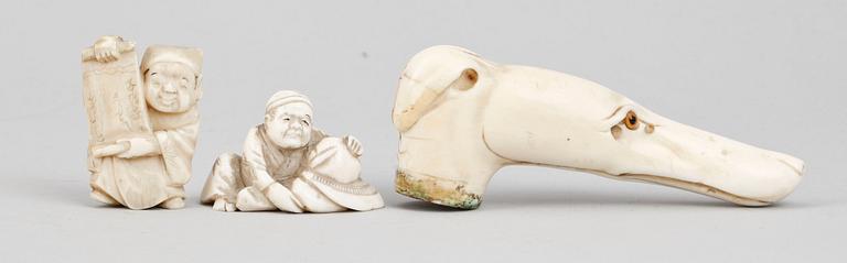 KÄPPSKAFT samt NETSUKE 2st, ben, 18/1900-tal.