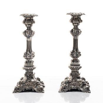 Gustaf Theodor Folcker, a pair of baroque style silver candle sticks, Stockholm, Sweden, 1846.