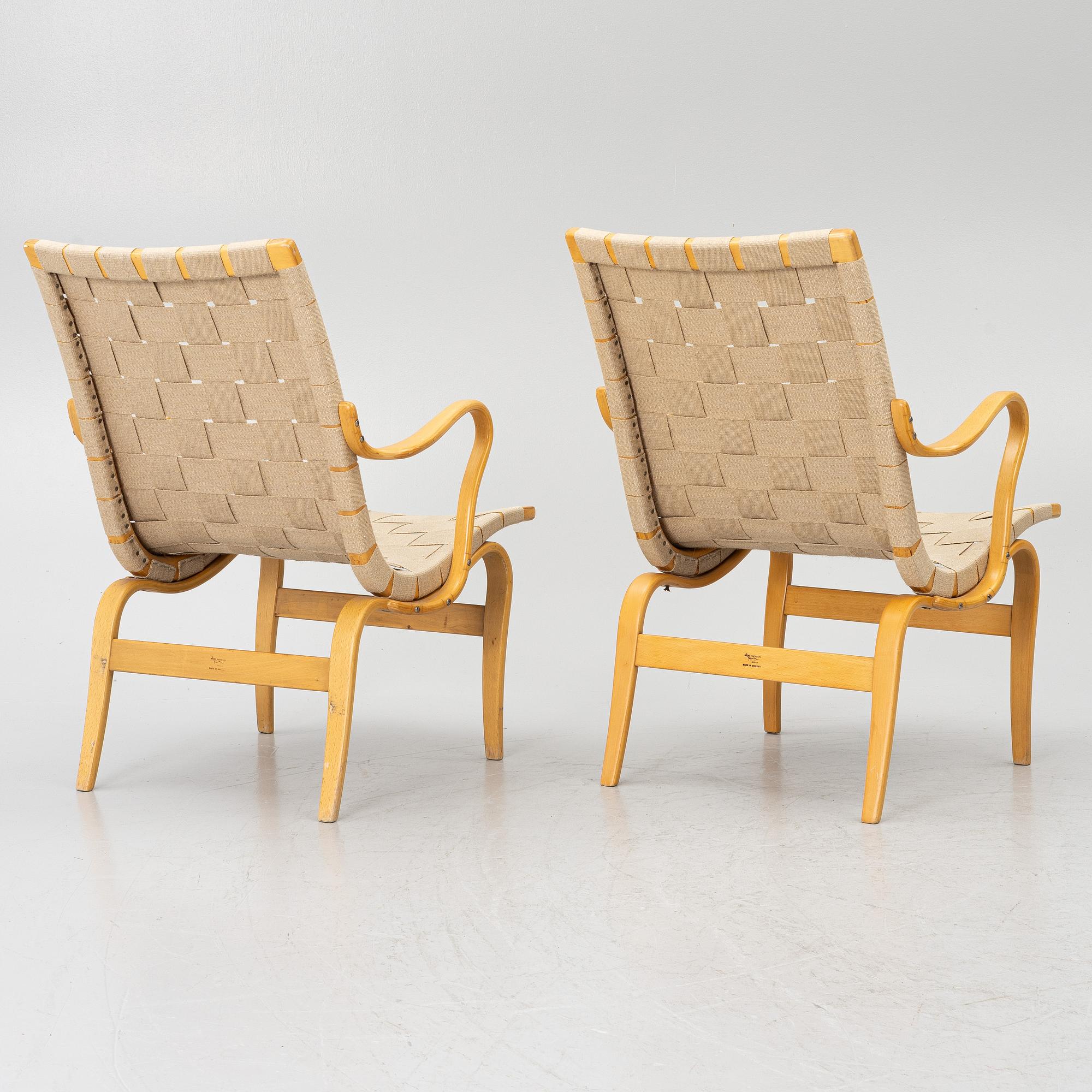 Bruno Mathsson, Armchairs, a pair, “Eva”, Firma Karl Mathsson, Värnamo, 1963 and 1964.