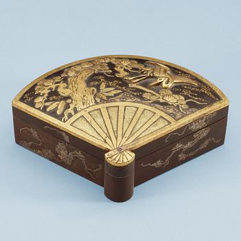 1883. A Japanese fan-shaped gilt and silvered bronze box with cover, Meiji, circa 1900.