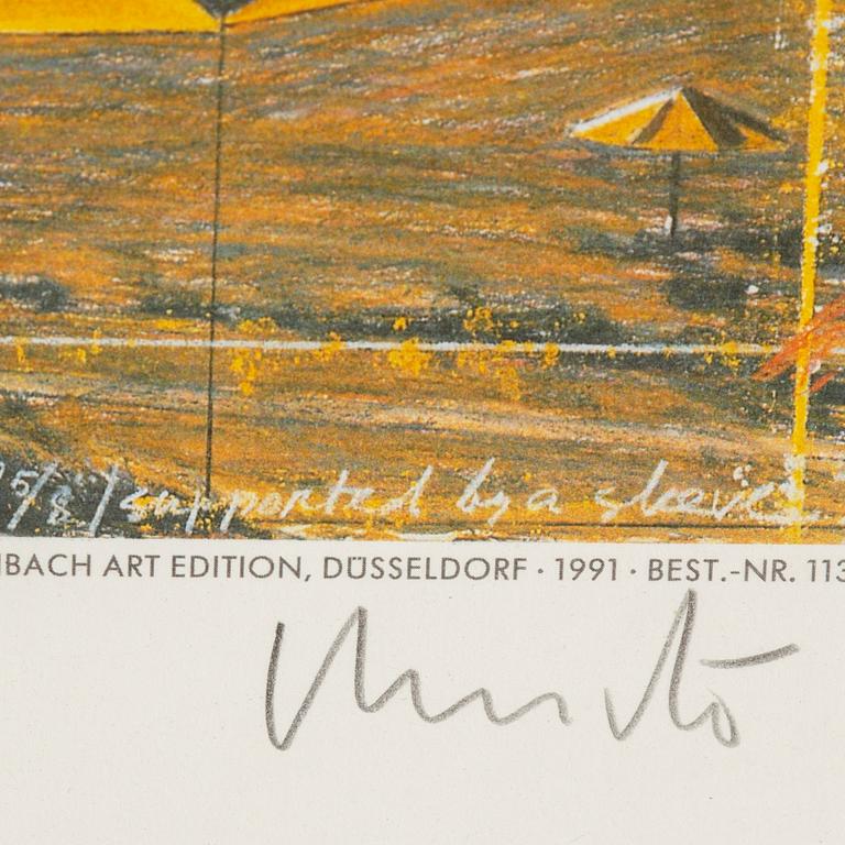 CHRISTO & JEANNE-CLAUDE, offset-tryck med tygapplikation, signerat.