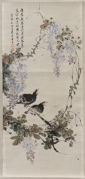 Birds with flowering wisteria, attributed to Chen Ban Ding.