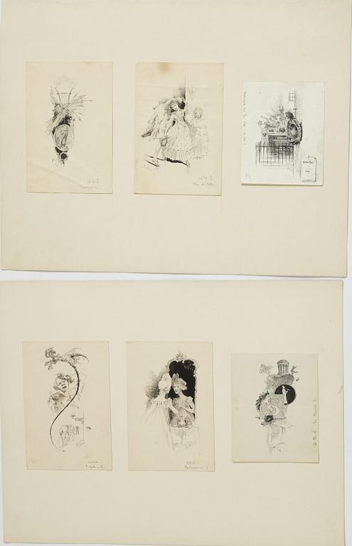 Carl Larsson,  6 drawings, signed C.L, Indian ink and hightening white mounted on cardboard.