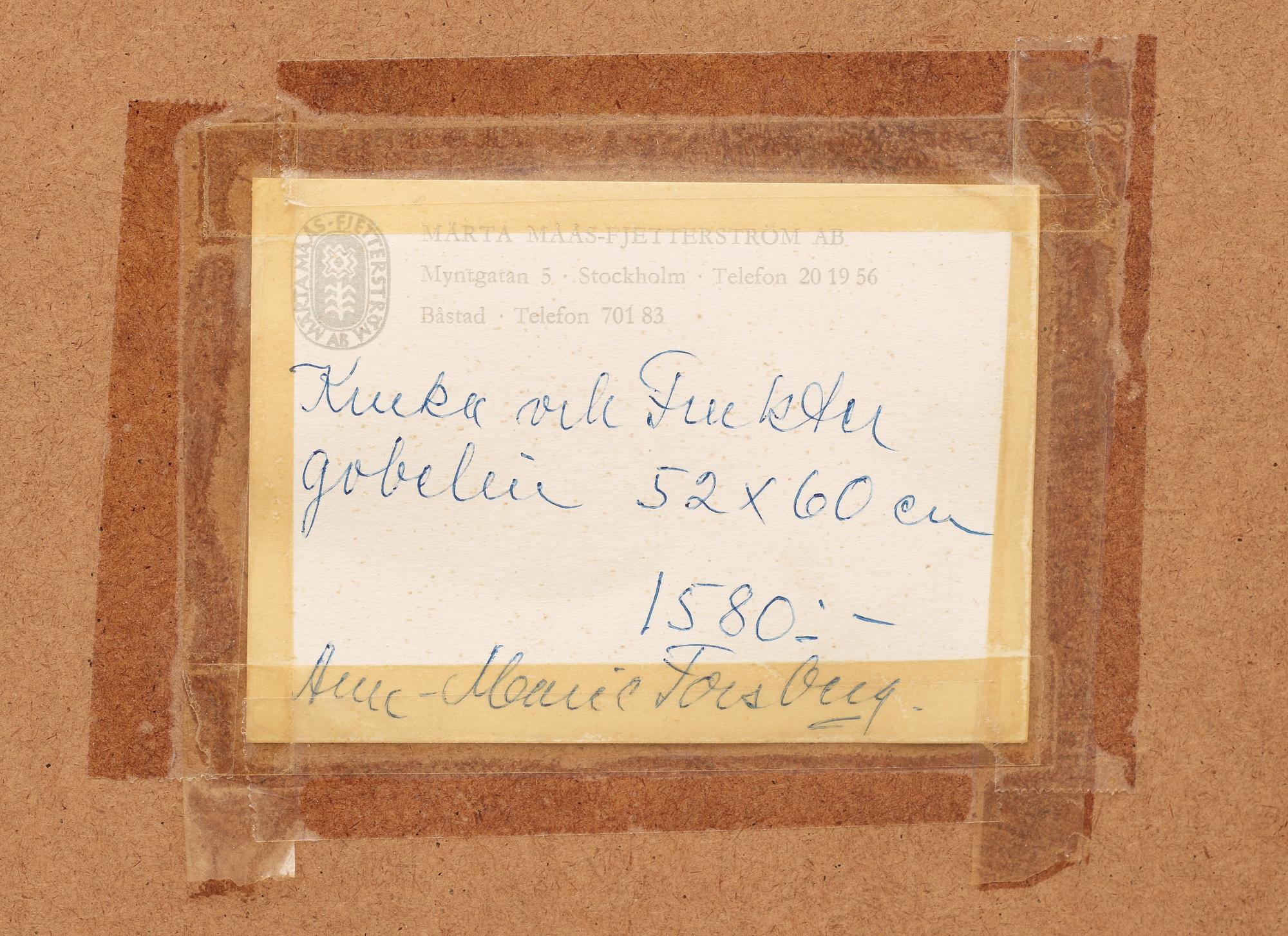 TEXTILE. "Kruka och Frukter". Tapestry weave (gobelängteknik). Ca 50,5 x 57 cm. Signed AMF.