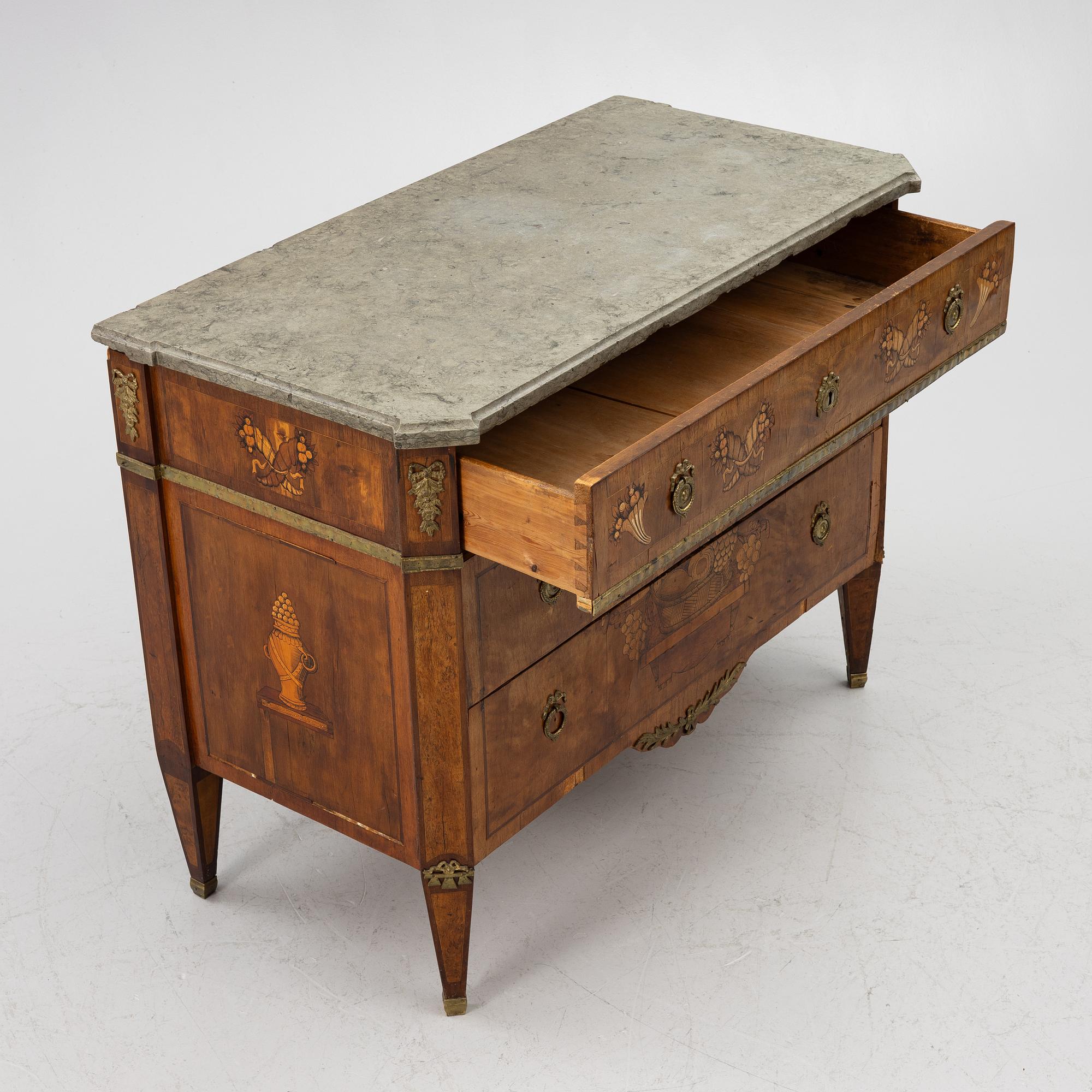 A Gustavian marquetry commode by C- Lindborg (master in Stockholm 1781-1808).