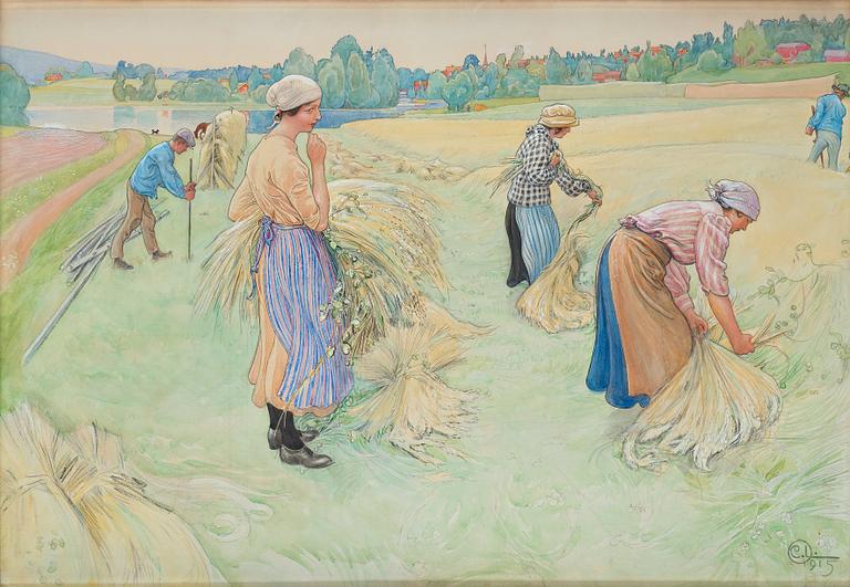 Carl Larsson, "Havreskärning II"/"Havreskörd II" (Oat harvest II).