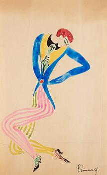 390. Isaac Grünewald, Dandy in a blue jacket and striped trousers.