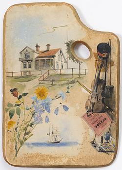 Anna Palm de Rosa, Still life with a ship, summer flowers, musical instruments, and a house.