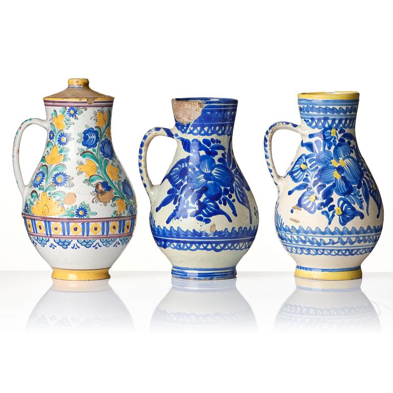 A group of seven European faiance and earthenware pitchers, partly France and Italy 19th century.