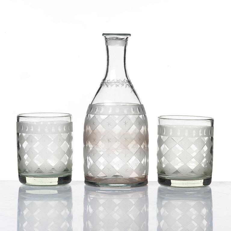 A set of 12 Swedish selter glasses and a bottle, 19th Century.