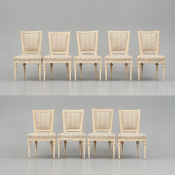 A set of nine Gustavian chairs by A Hellman (master in Stockholm 1761-94) and E Ståhl (master in Stockholm 1794-1820).