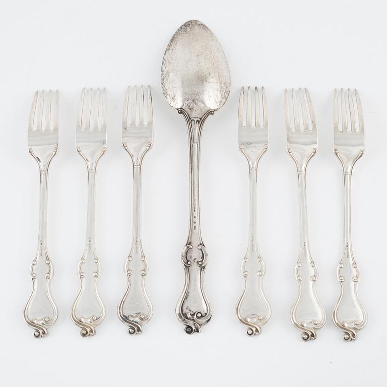 6 Swedish silver forks and a serving spoon, including Carl Tengstedt, Gothenburg, 1855.