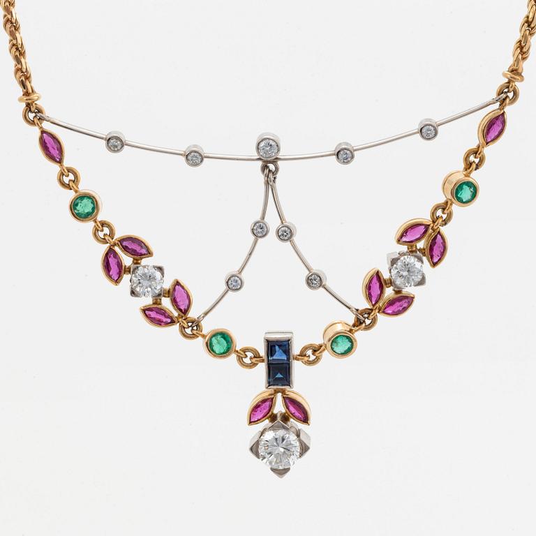 diamond, rubies, and emerald and sapphire necklace.