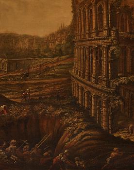 Gaspar van Wittel  (Vanvitelli) Circle of, Excavations at the Colosseum and the Arch of Constantine, Rome.