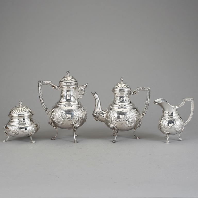 KAFFE- OCH TESERVIS, 4 delar, silver, Louis XVI-stil, fantasistämplar, 1900-talets första hälft. Tot ca 2080 gram.