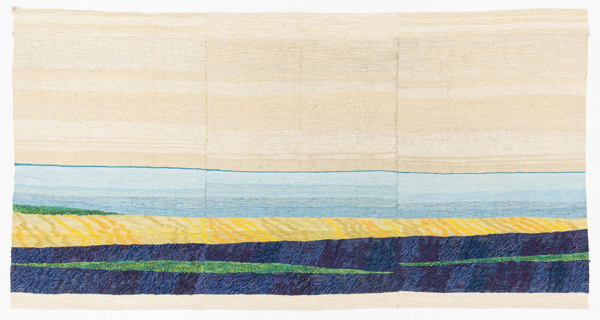A three-piece woven wall hanging, signed  R. Murikoff and dated -77, c. 150 x 290 cm each.
