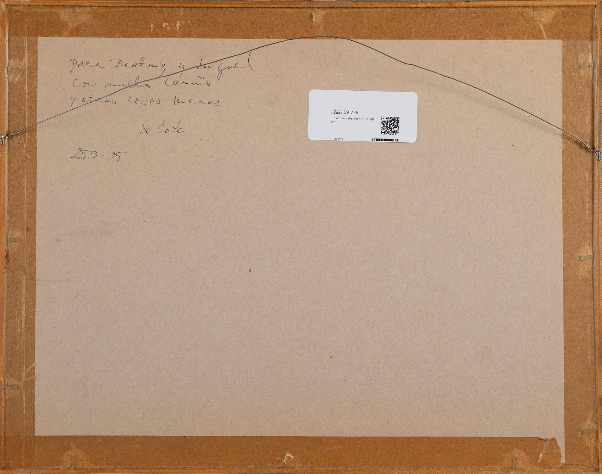 EEVA TERVALA, hiilipiirros, signeerattu ja päivätty 9/4 -92.