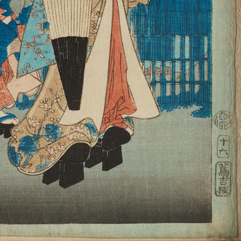 Utagawa Kunisada, four colour woodblock prints, Japan, c. 1850-60.