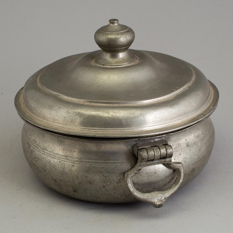 A lidded pewter bowl by Lars Löfgren (active 1823-73), Uppsala, Sweden.