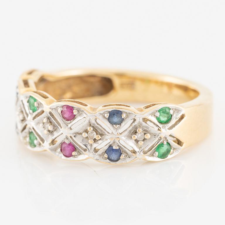 Ring, 18K gold with emeralds, rubies, sapphires, and small diamonds.