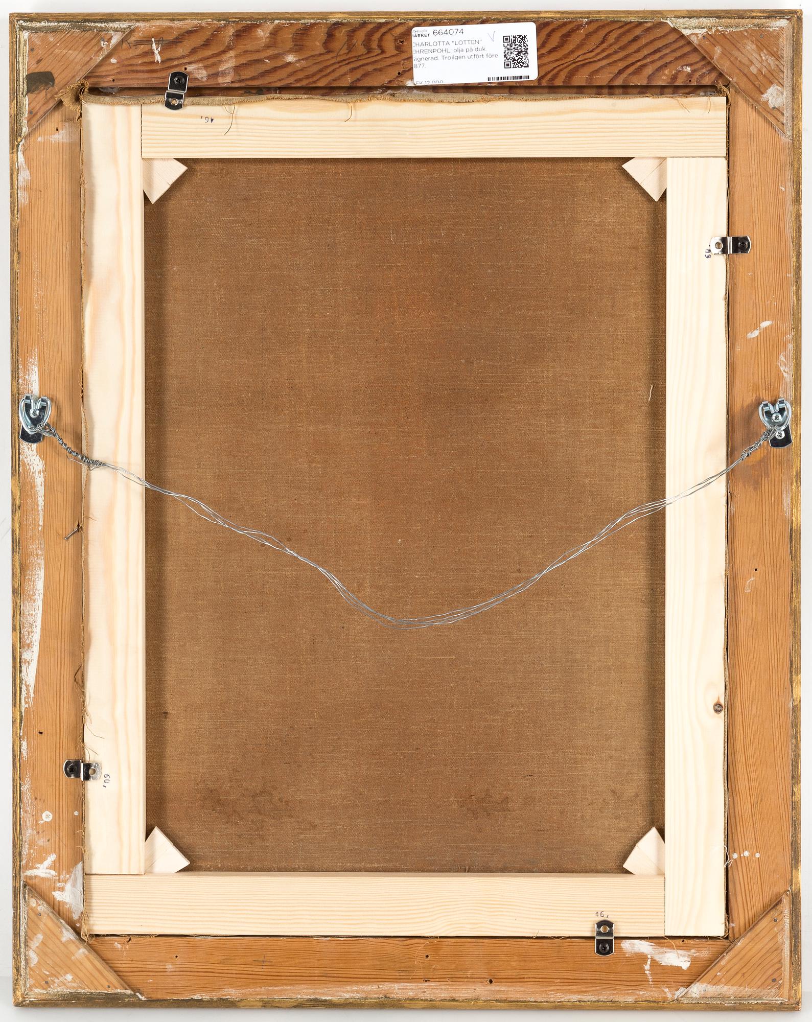 CHARLOTTA "LOTTEN" EHRENPOHL, olja på duk. Signerad. Troligen utfört före 1877.