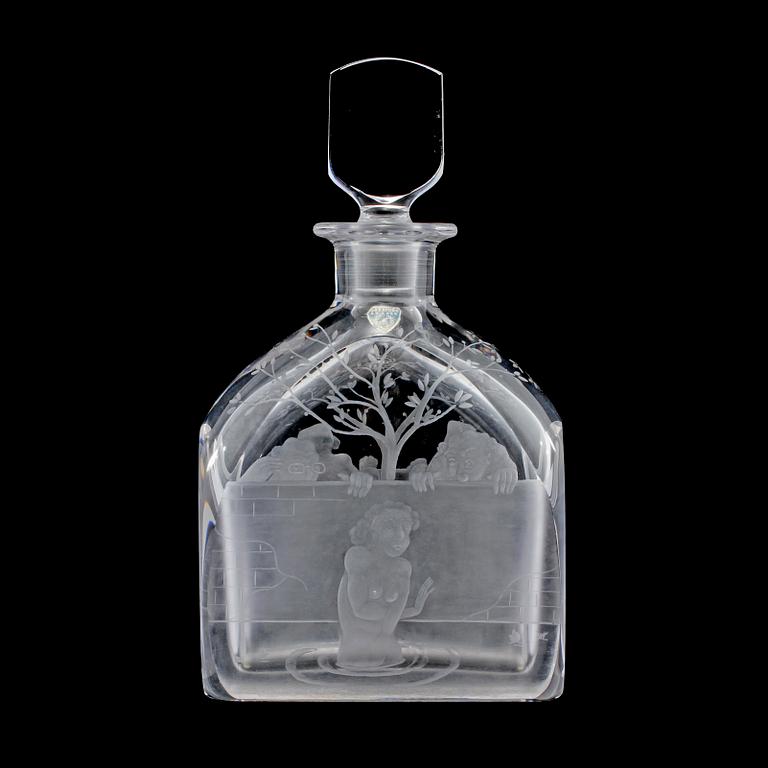 KARAFF med PROPP, glas, Orrefors, Edward Hald, signerad, 1900-talets mitt.