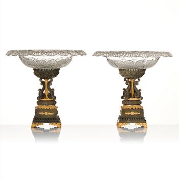 A pair of French late Empire ormolu, patinated bronze and cut glass tazze, first part 19th century.