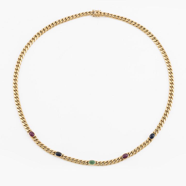 Necklace, 18K gold with cabochon-cut rubies, sapphires, and emerald.