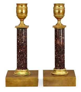 611. A pair of late Gustavian early 19th century gilt bronze and porphyry candlesticks.