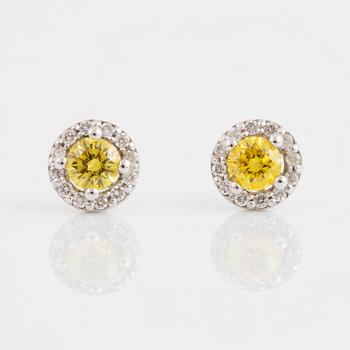 A pair of 18K gold earrings set with color treated yellow diamonds.