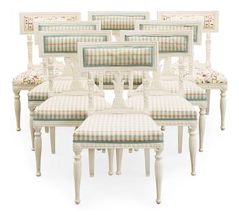 455. Eight late Gustavian circa 1800 chairs.