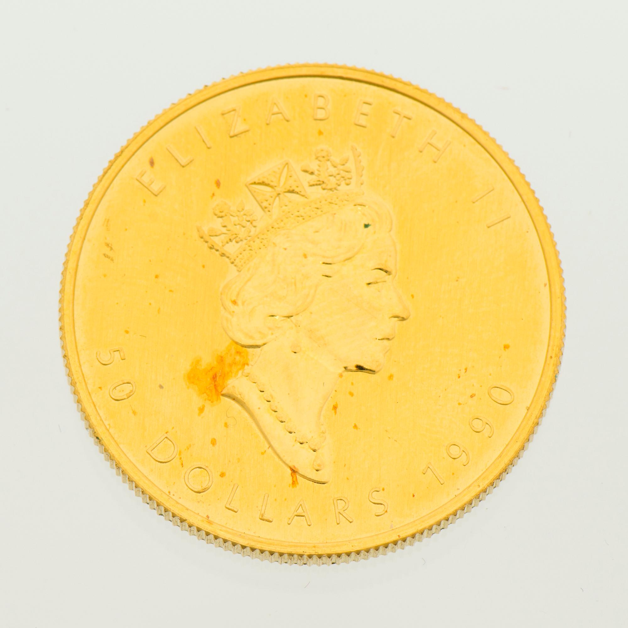 A GOLD COIN, 999 gold, 50 dollars, Elizabeth II, Canada, 1990.