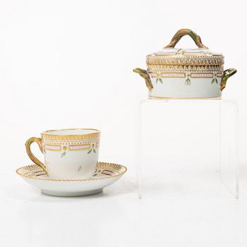 Royal Copenhagen, a 'Flora Danica' sugar bowl and a coffee cup with saucer, 1945 and 1959, Denmark.