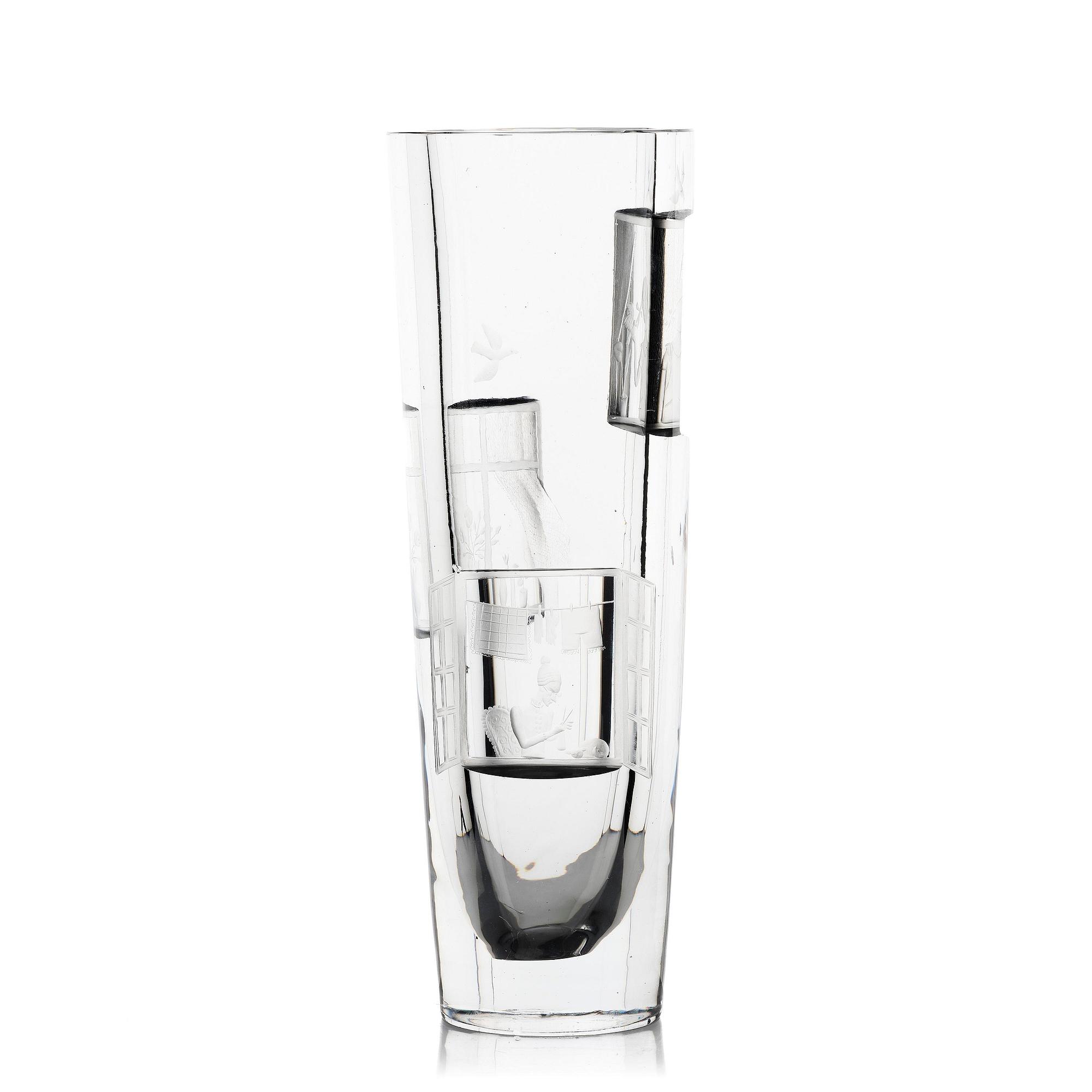 Tapio Wirkkala, a rare engraved "Finestra" glass vase, Iittala, Finland, 1947, model 3220, engraved by Theodor Käppi.