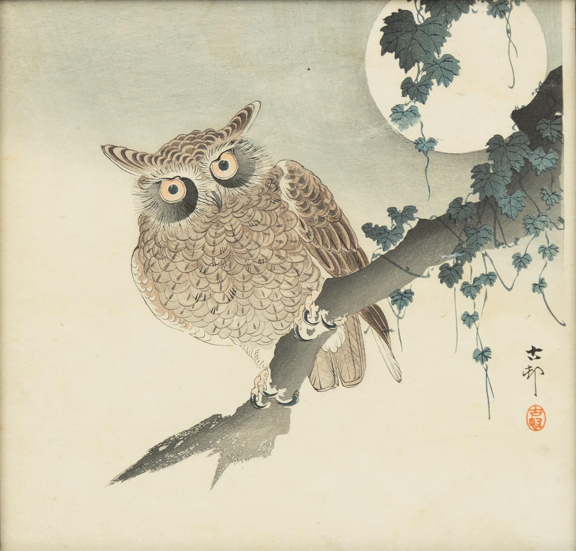 Ohara Koson, after, 'Scops owl on a branch under full moon'.