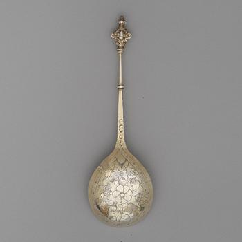 Michel Beck, sked med dubbel kerubknopp, silver, Stockholm 1630-1673, renässans.